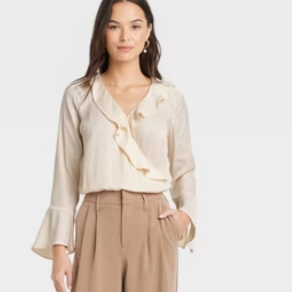 Rue21 Ruffle Wrap Blouse Bell Sleeve Tie Waist Elegant Top Size L